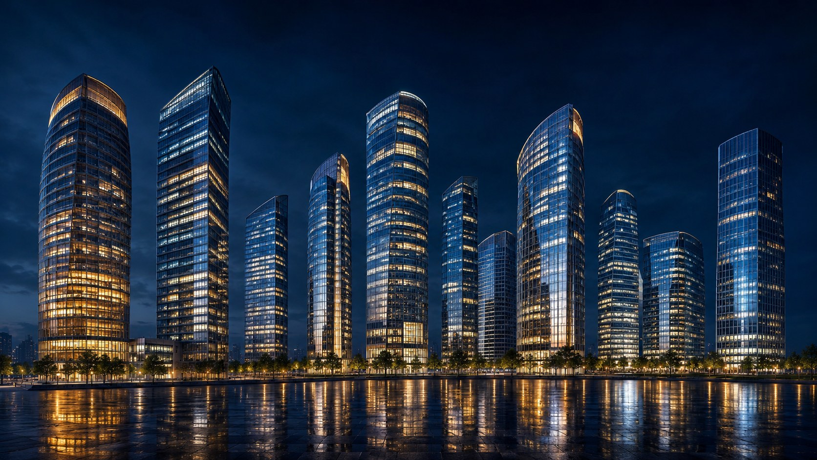 Panorama nowoczesnych biurowców nocą — ITRA Global Tech platforma doradcza dla rynku nieruchomości biurowych