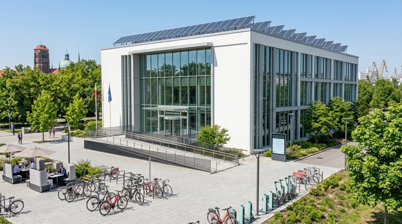 Nowoczesny budynek publiczny z panelami PV — gotowość ESG